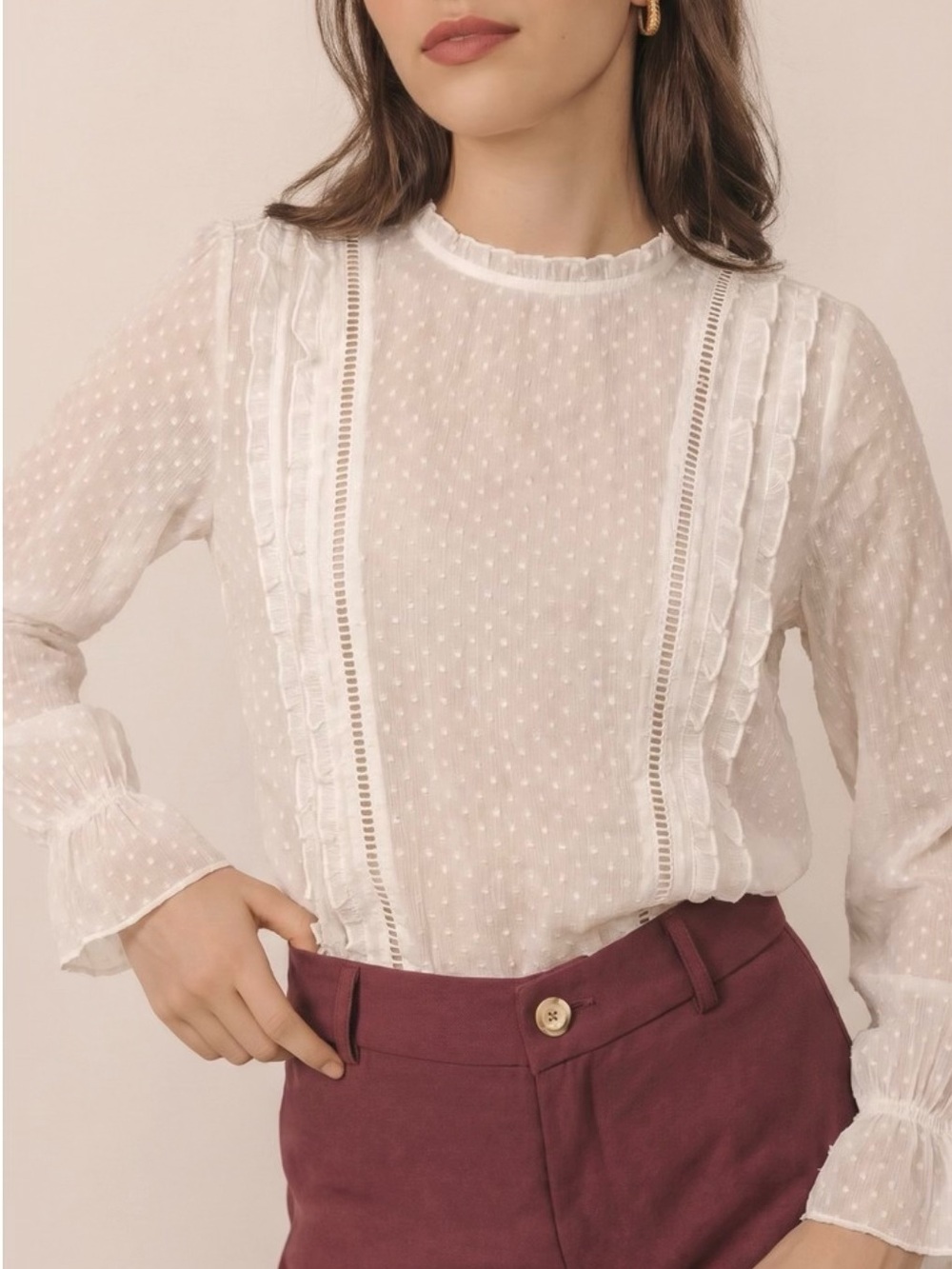 Kensie White Swiss Dot Ruffle Mock Neck Sheer Long Sleeve Blouse